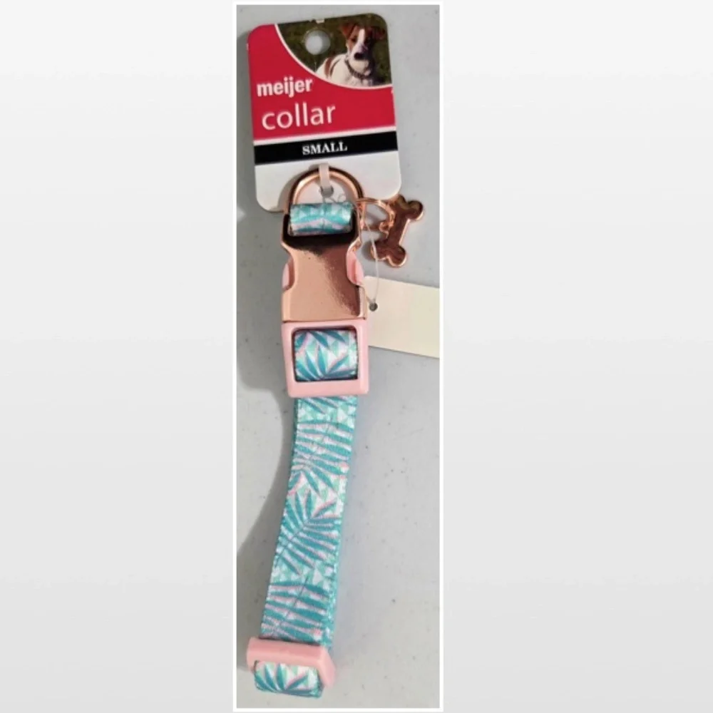 New Dog Collar Small Adjustable Pet Animal Green Tropical Leaves Pink NWT